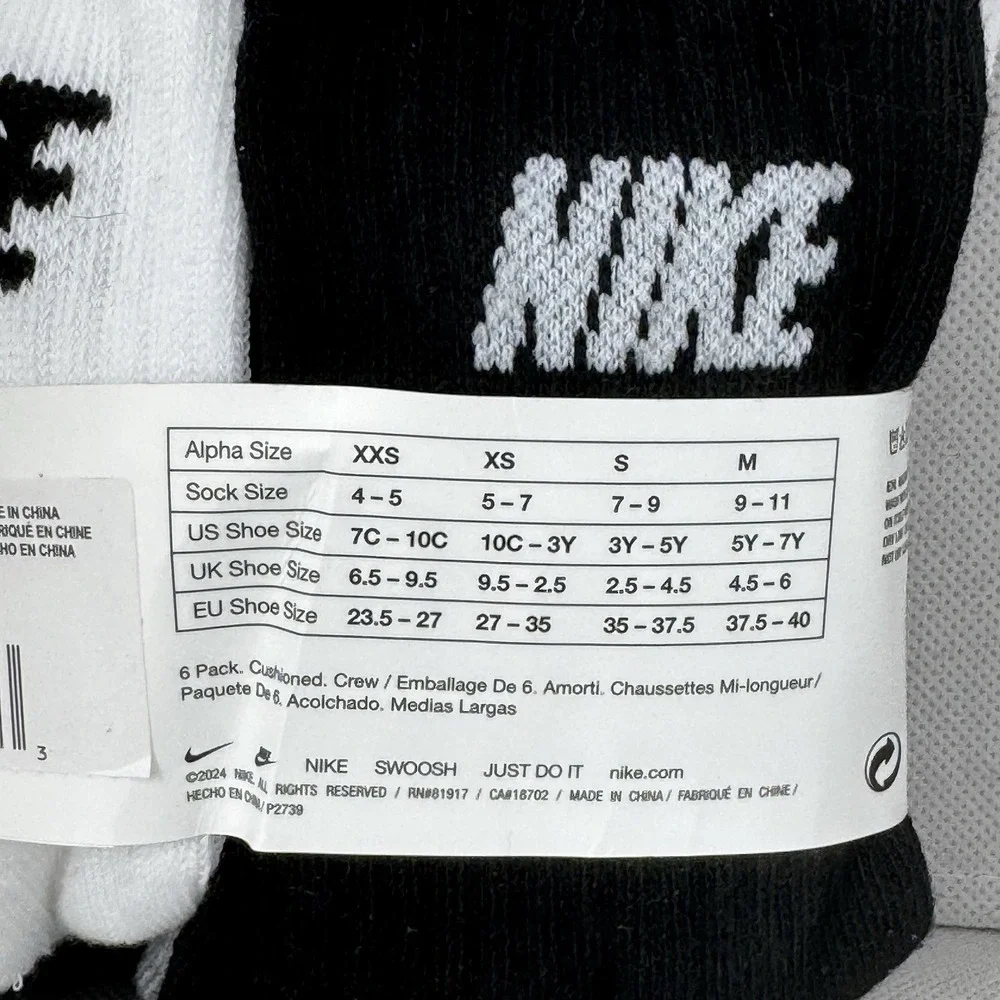 Nike Kids Crew Socks 6 Pairs Cushioned White Black Grey XXS 7C-10C BN0509-042